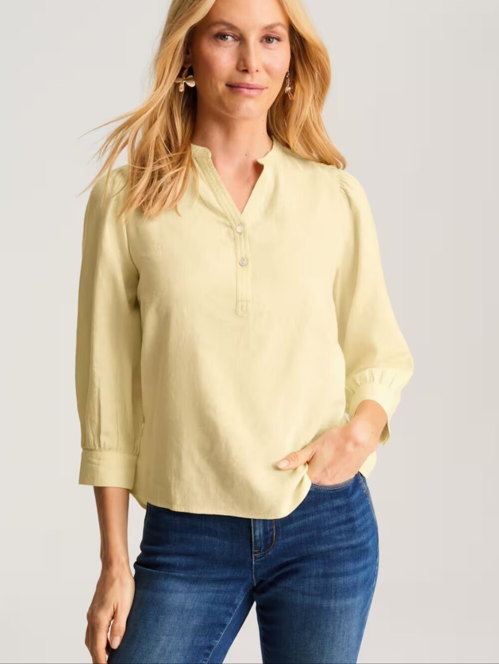100% Linen J JILL Women's Light Green Split-Neck Button Pullover Beachy Costal